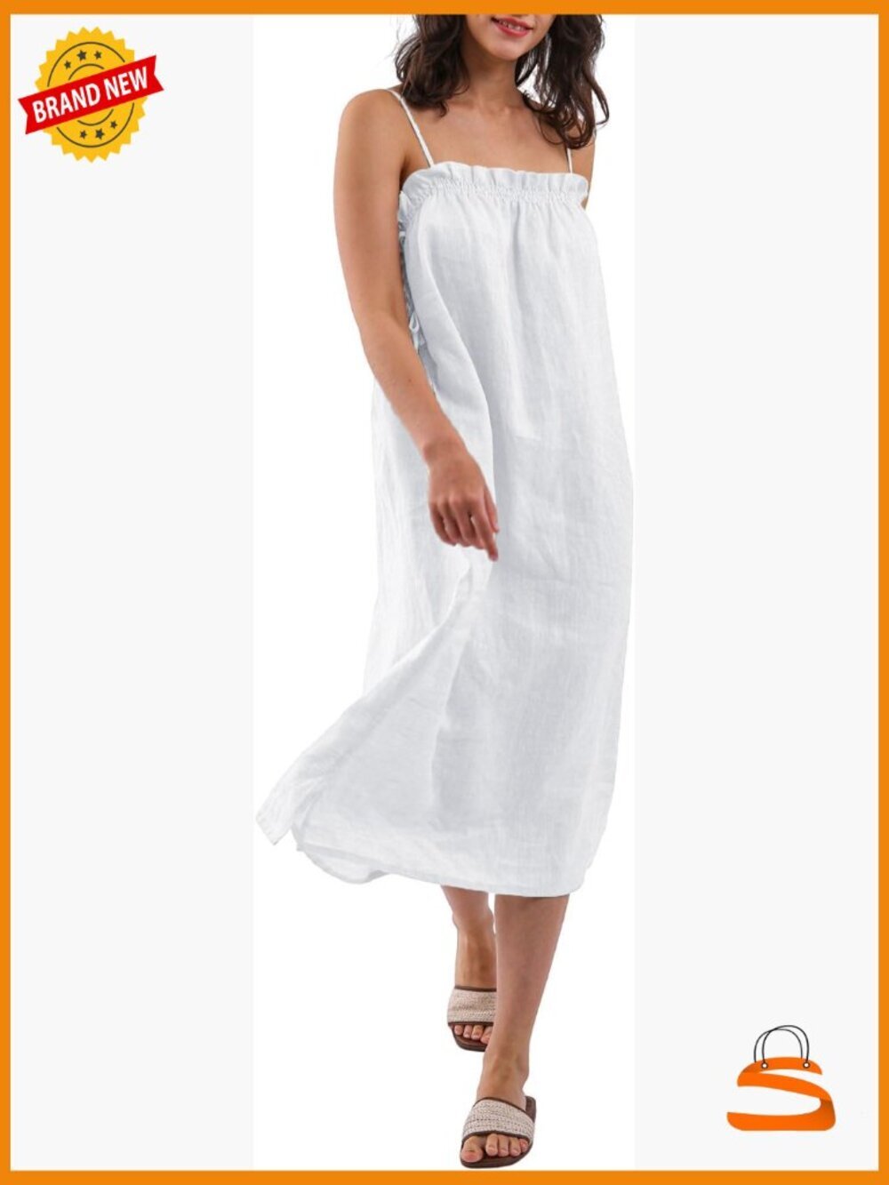 100% Linen Spaghetti Strap Midi Beach Dress with Pockets